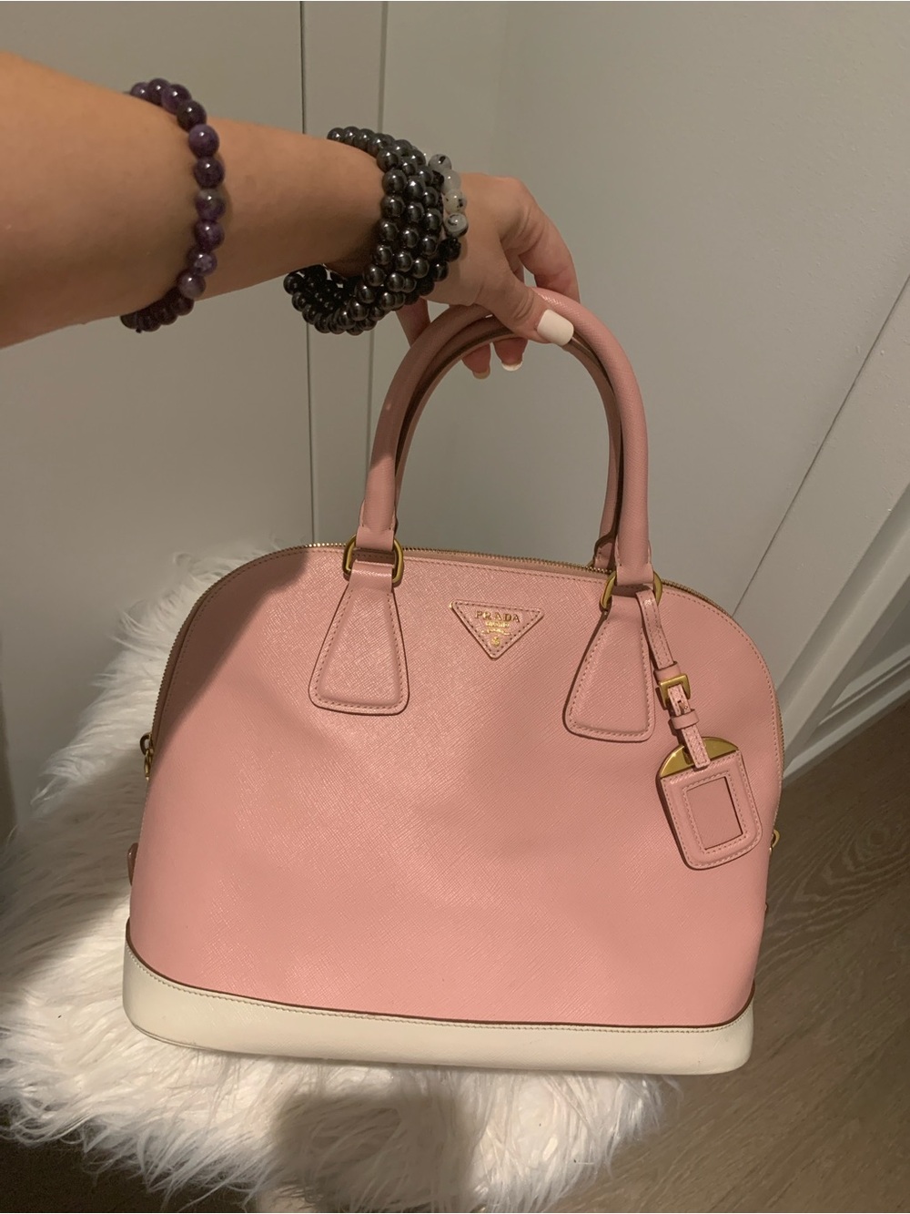 Prada Pink Saffiano Dome Satchel with White Base and Gold Hardware - Picture 8 of 15